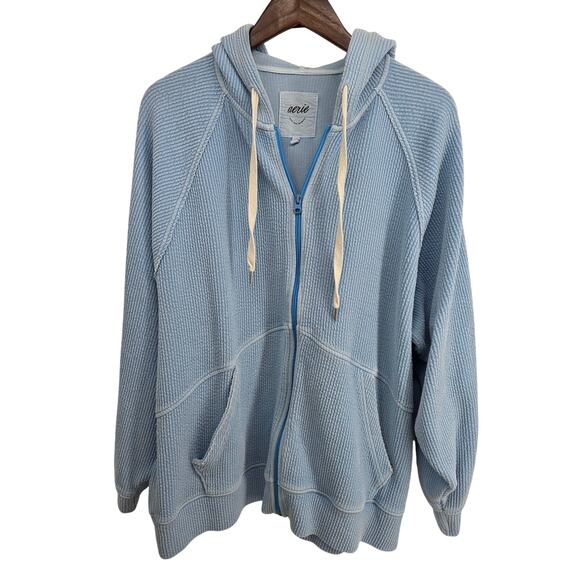 aerie Tops - Aerie Ribbed Distressed Full Zip Light Blue Hooded Sweatshirt Size Large